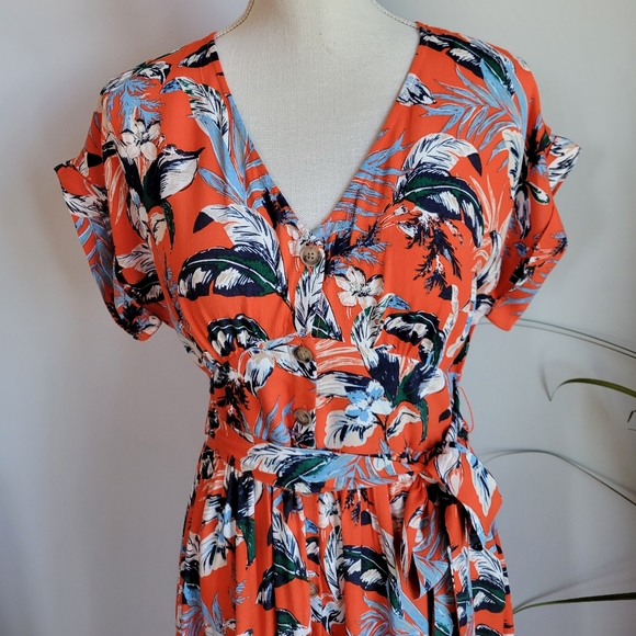 LOFT, New Red Botanical Tropical Floral V-Neck Button Tie Waist Midi Dress 4 - Picture 4 of 12